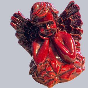 Winged Angel Cherub Shiny Carved Resin Dark Red Color Figurine 4"